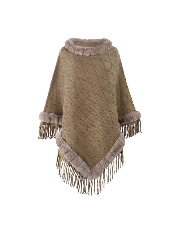 Women's Knitted Tassel Shawl Asymmetric Hem Poncho Fringed Pullover Sweater Solid Color Cowl Neck Top Coat Wrap Cape