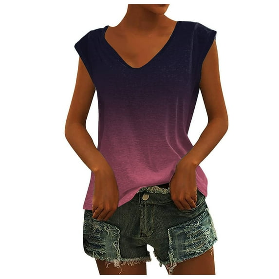 EGNMCR Women's Summer Top Casual Short Sleeve V Neck Gradient Color Loose T-shirt Pullover Blouse Tops Summer Sale