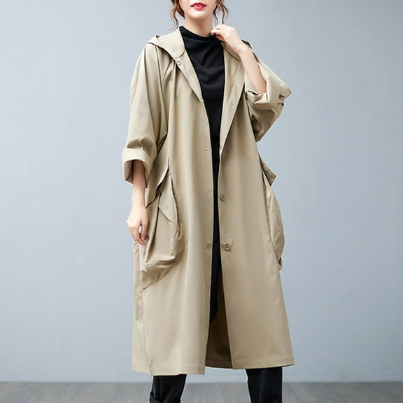 EGNMCR Women's Water Trench Coat Mid Long Double Breasted Coat Jacket Outwear Fall Winter