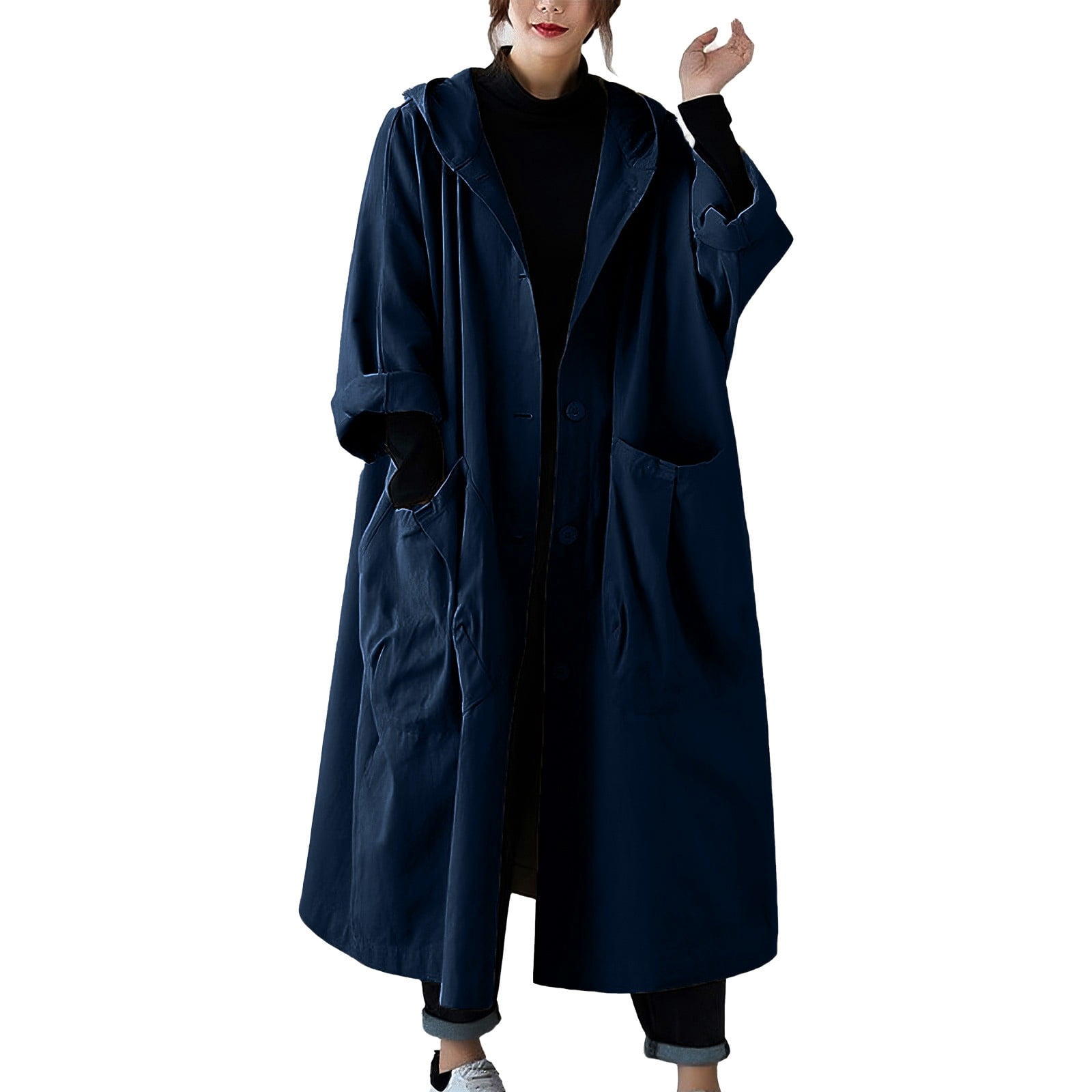 Long women’s trench coat with hood and waterproof finish