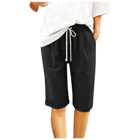EGNMCR Womens Casual Cotton Elastic Drawstring Summer Beach Shorts Plus Size Fashion Casual Loose Soft Solid Color Mid Waist Thin Lace Up Pants Black Summer