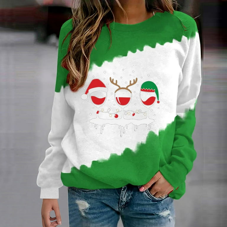 EGNMCR Womens Christmas Sweatshirt Funny Oversized Soft Xmas Hat Graphic Color Block Blouse Winter Holiday Cute Crew Neck Tee Tops Ugly Christmas