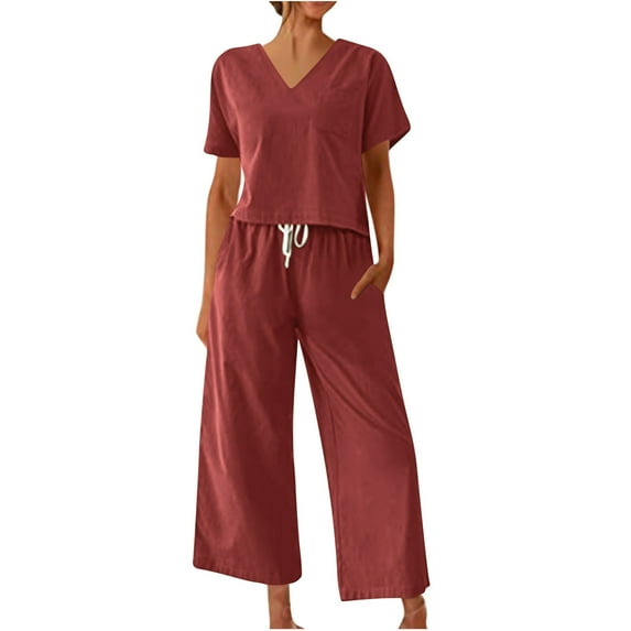 EGNMCR Womens Cotton Linen 2 Piece Outfits Short/Long Sleeve Shirts Top with Baggy Wide Leg Pants Sets Loungewear Plus Size Womens Clothes Brown - Summer Savings Clearance