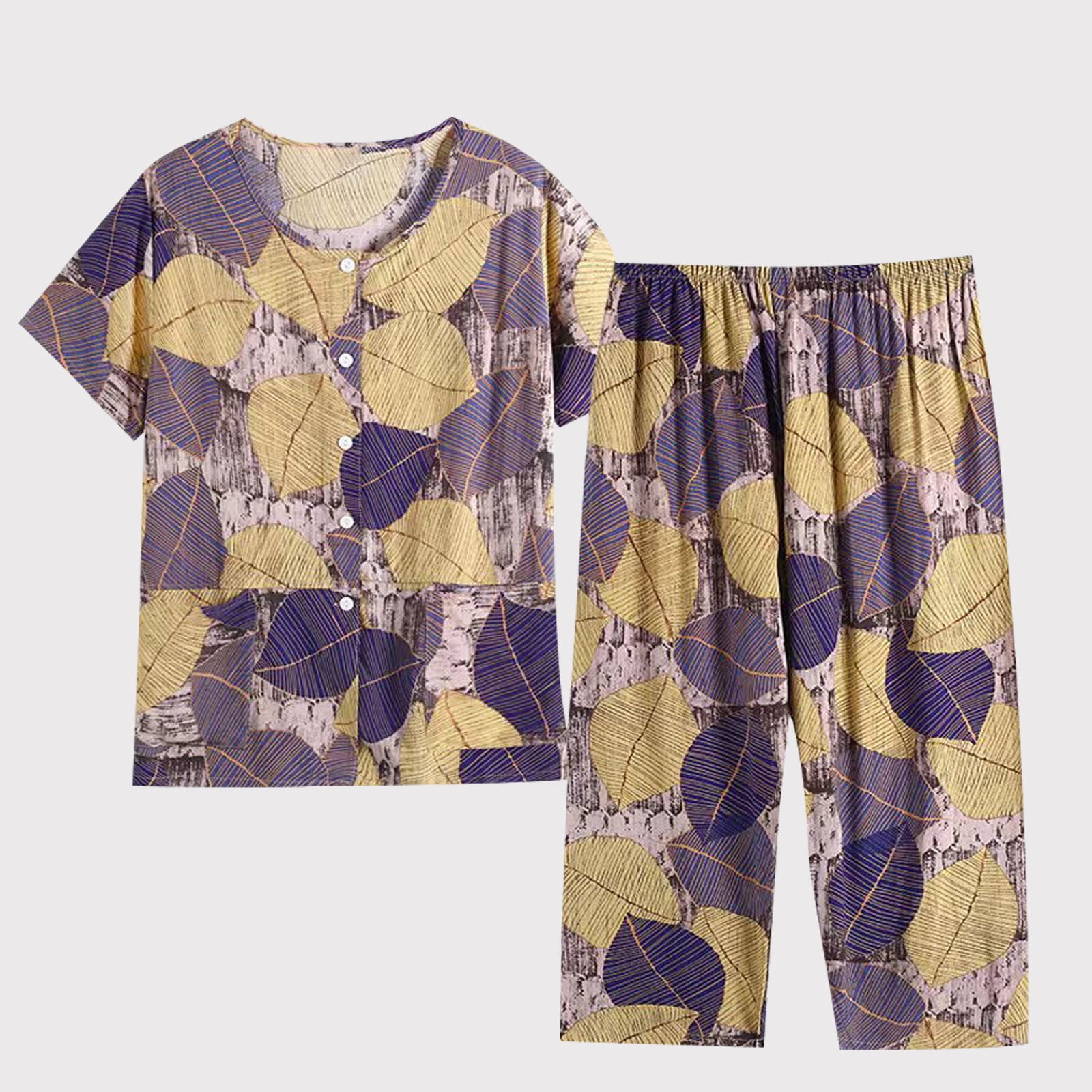 EGNMCR Womens Cotton Linen Pajama Sets Print Button Crew Neck Sleepwear