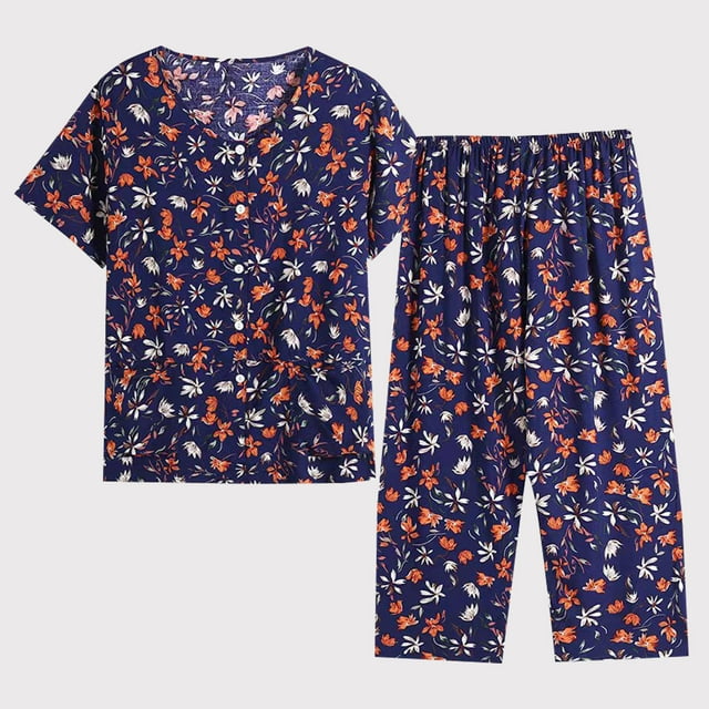 EGNMCR Womens Cotton Linen Pajama Sets Print Button Crew Neck Sleepwear