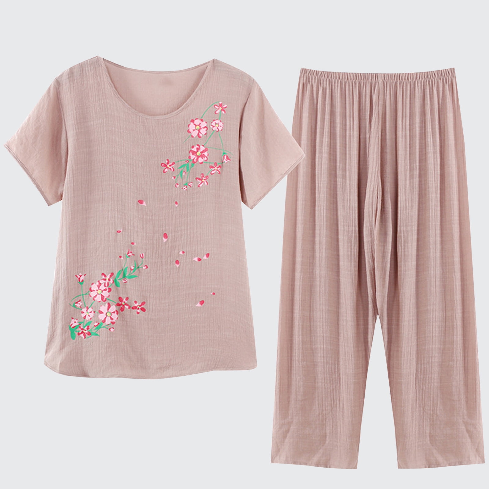 EGNMCR Womens Cotton Pajama Sets Floral Print Short Sleeve Sleepwear ...