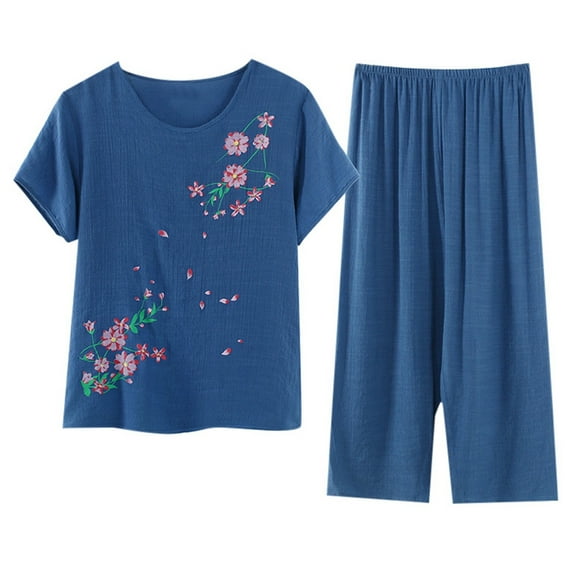 Horkkom Womens Cotton Pajama Sets Plus Size Floral Print Short Sleeve Sleepwear Top Soft Elastic Waist Capri Shorts Comfy Breathable Lounge 2 Piece Sets