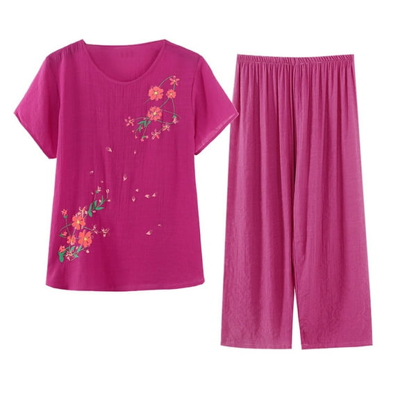 Women Summer Short Sleeved Simple Floral Offset Printed Comfortable And Wearable Home Wear Cropped Pants Suit