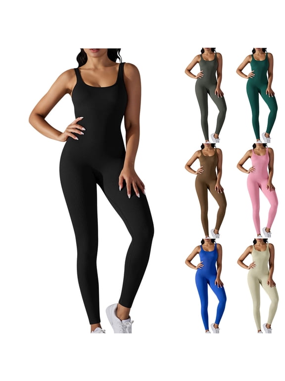 Womens Jumpsuit Leggings Tummy Control Cutout Romper Workout Outfit Sleeveless Flare Workout Running Gym Unitard One Piece Backless Bodysuit