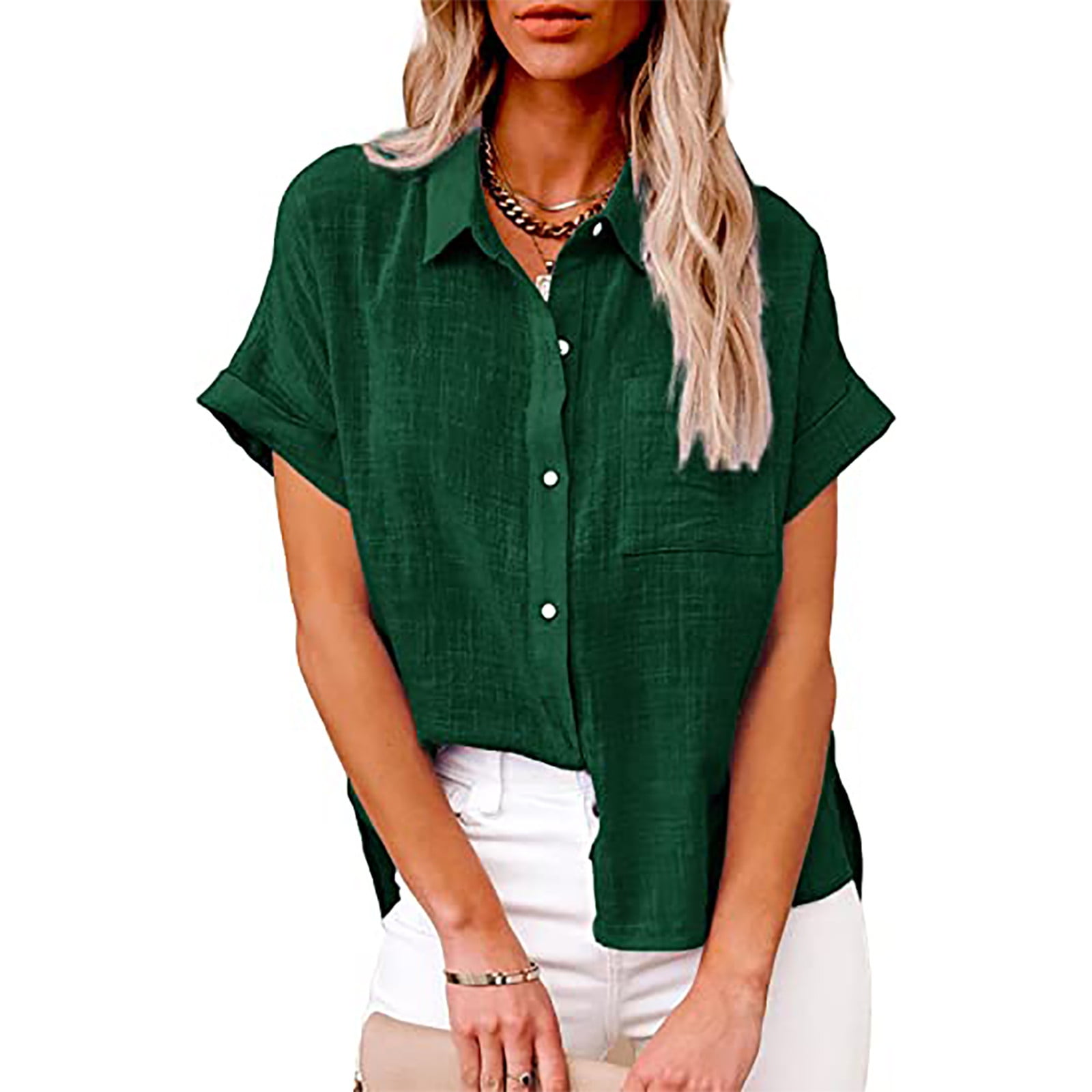 Women's Loose Fit T-Shirt With Ruffle Sleeves - Summer Casual Crew Neck Top, Pointelle Detail (Green, X-Large) - View #3
