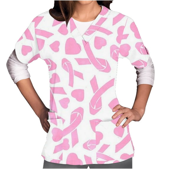 EGNMCR Womens Nursing Scrub Tops Working Uniform Breast Cancers Awareness T Shirt Pinks Ribbon Month Printed with Pockets Nursing Uniforms Short Sleeve V Neck Top