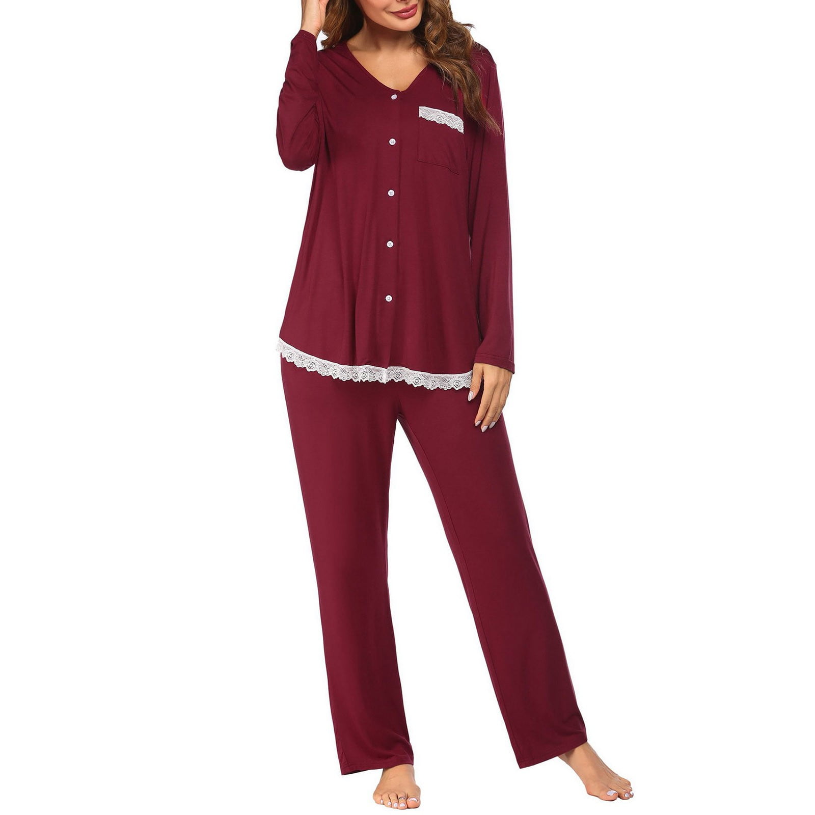 EGNMCR Womens Pajama Sets Solid Color Lace Button Long Sleeve Sleepwear Top and Soft Elasticated