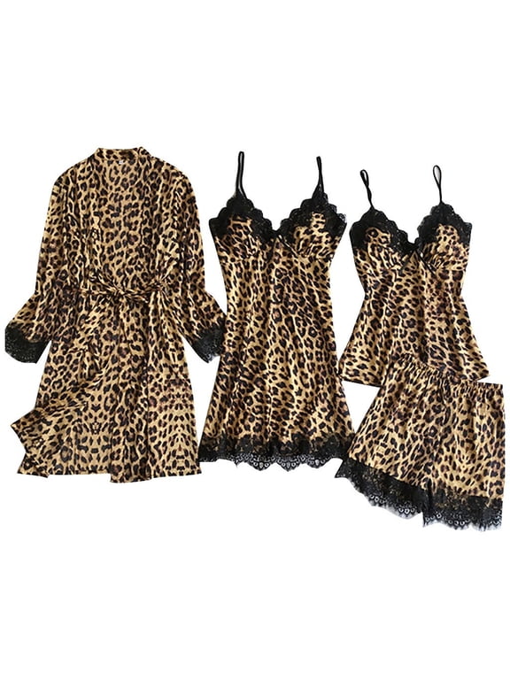 Womens Pajamas Silk Satin Leopard Printed Cardigan Nightdress Sleepwear 4 Piece Pajamas Sets Spring Summer Sale