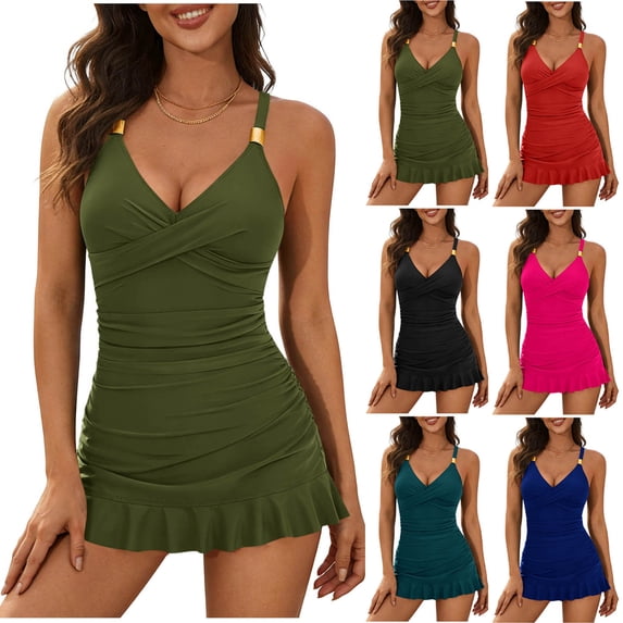EGNMCR Womens Plus Size Swim Dress Swimsuit One Piece Tummys control Bathing Suit Flowy Shaping Swimwear