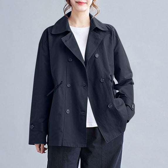 EGNMCR Womens Short Trench Coat Oversized Double Breasted Stand Collar Cropped Jacket Fall Casual Work Outerwear Fall Winter