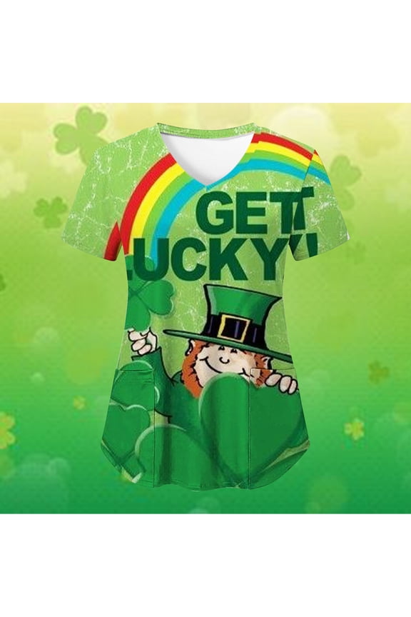 Womens St. Patrick's Day Nursing Scrub Tops Irish Printed Short Sleeve Gnome Green Working Uniform V Neck Workwear Blouse T-shirt