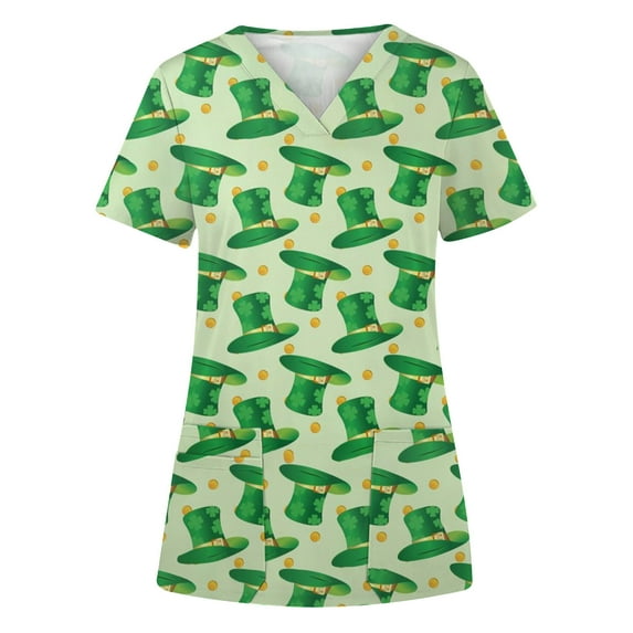 EGNMCR Womens St. Patrick's Day Nursing Scrub Tops Irish Printed Short Sleeve Gnome Green Working Uniform V Neck Workwear Blouse T-shirt