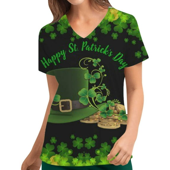 EGNMCR Womens St. Patrick's Day Nursing Scrub Tops Irish Printed Short Sleeve Gnome Green Working Uniform V Neck Workwear Blouse T shirt