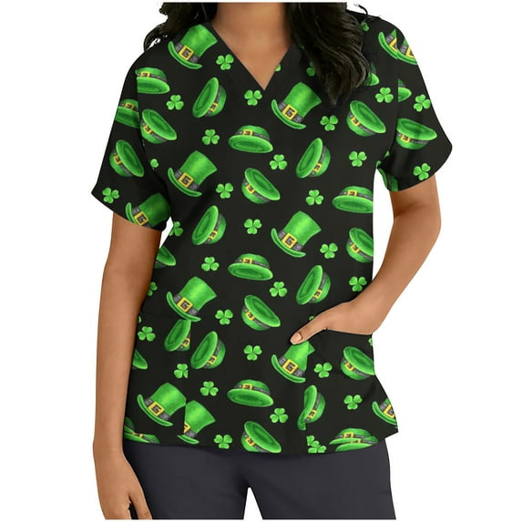 EGNMCR Womens St. Patrick's Day Nursing Scrub Tops Irish Printed Short Sleeve Gnome Green Working Uniform V Neck Workwear Blouse T-shirt