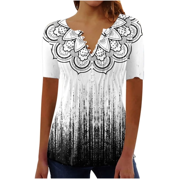 EGNMCR Womens Summer Tops Fashion Short Sleeve Crew Neck Printed Botton Casual Loose Soft T-Shirt Pullover Blouse Tops Spring/Summer Sale Clearance