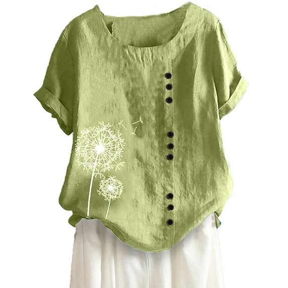 EGNMCR Womens Summer Tops Plus Size Fashion Linen Crew Neck Short Sleeve Printed Casual Loose Soft T-Shirt Pullover Blouse Tops