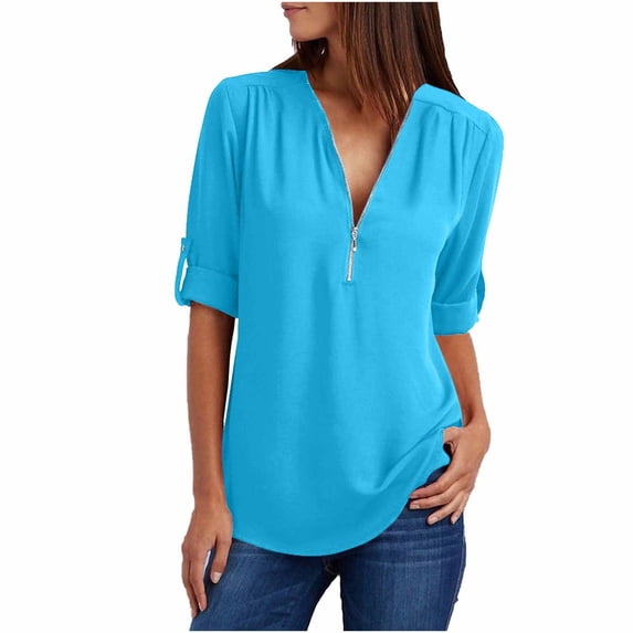 EGNMCR Womens Summer Tops Plus Size Fashion V Neck Short Sleeve Solid Color Zipper Pocket Casual Loose Soft T-Shirt Pullover Blouse Tops