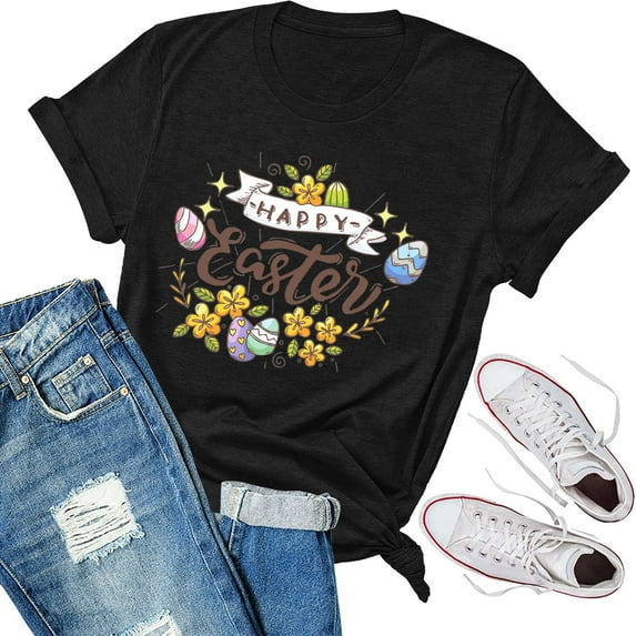 EGNMCR Womens Tops Fashion Easter Printed Short Sleeve Crew Neck Casual Loose T-shirt Pullover Blouse Spring/Summer Sale Clearance