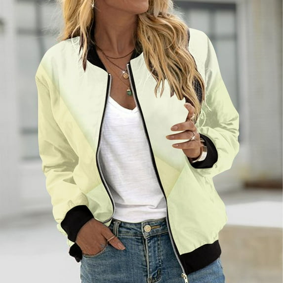 EGNMCR Yellow Women's Bomber Jacket Casual Coat Zip Up Lightweight Jacket Casual Long Sleeve Outerwear Windbreaker with Pockets Fall Winter