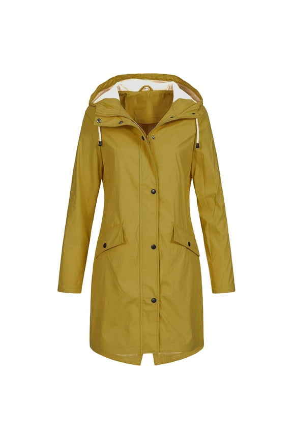 Yellow Women's Long Rain Jacket Waterproof Lightweight Hooded Raincoat Packable Knee Length Rain coat Windbreaker Travel Hiking Jacket Fall Winter