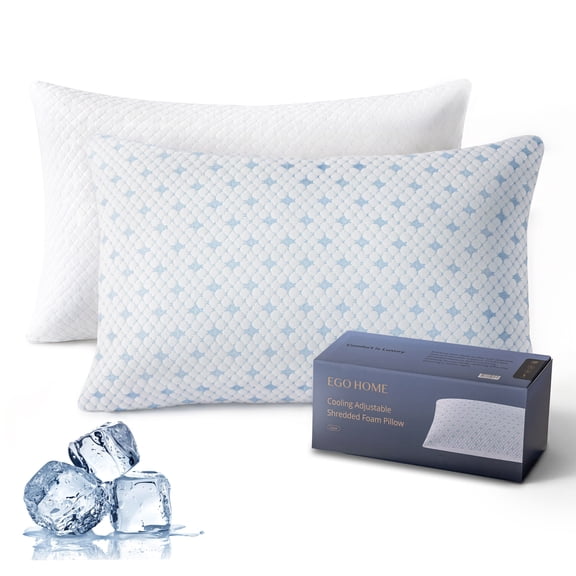 EGOHOME 2-Pack Adjustable Cooling Bed Pillows, Shredded Memory Foam Pillows Set of 2, Standard Queen, Dual Sides