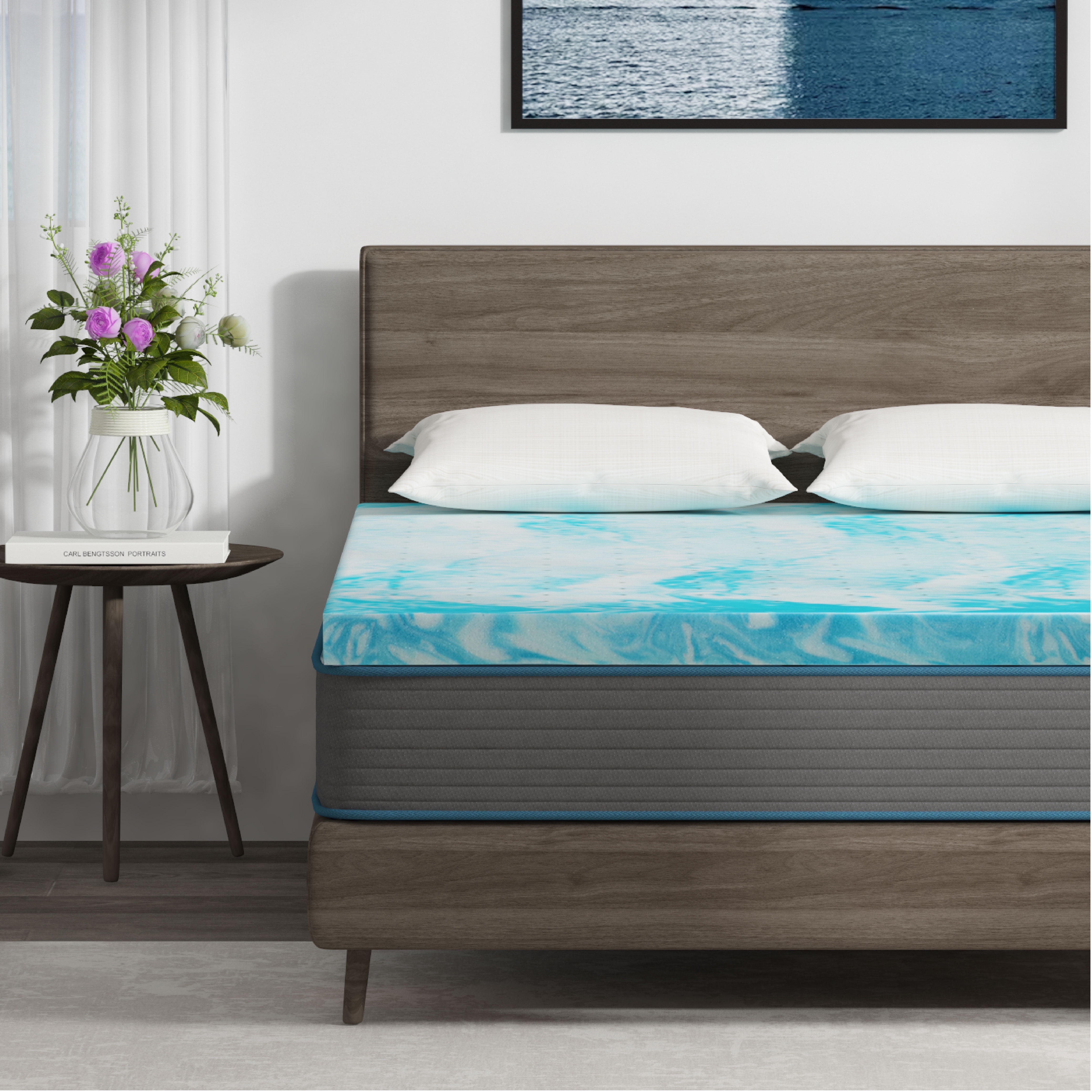 EGOHOME 4 inch Queen Mattress Topper, Cooling Gel Memory Foam Mattress Topper, Blue