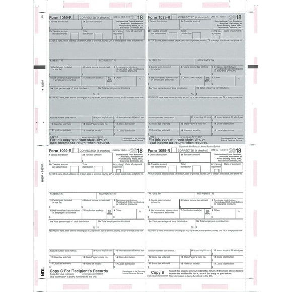 EGP IRS Approved 1099-R, 4-Up Pressure Seal, Preprinted, 1 Carton of 500, TF5177