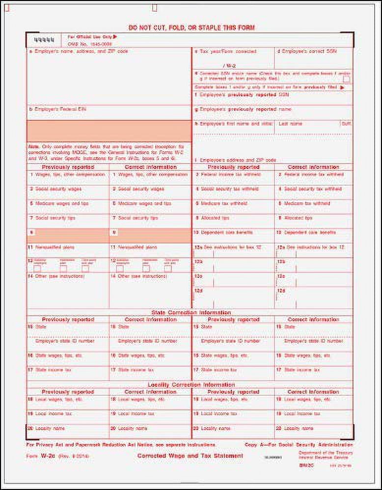 EGP IRS Approved W2-C Corrected Statement Set for 25 Recipients, 6part ...
