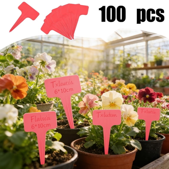 EGYMEN 100PCS Herb Garden Labels Tags, T-Type Plant Markers, Waterproof Herb Markers, Plastic Garden Tags, Vegetation Labels for Outdoor Use, Durable Plant Identification Tags (Red)