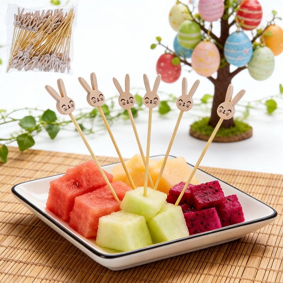 EGYMEN 100pcs Wooden Fruit Picks, Customized Rabbit-Shaped Skewers, Eco-Friendly Cocktail Toothpicks, Adorable Fruit Forks for Parties