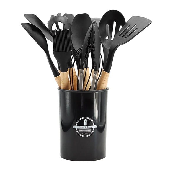 EGYMEN 12Pcs Cooking Kitchen Utensils Set with Holder,Wooden Handles Cooking Tool,BPA Free,Non Toxic Turner Tongs Spatula Spoon Kitchen Gadgets Set for Nonstick Cookware(Black)