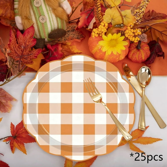 EGYMEN 25PC Thanksgiving Fall Pumpkin Plates, Disposable Fall Party Plates with Pumpkin Maple Design, Autumn Decorative Paper Plates for Thanksgiving Celebration