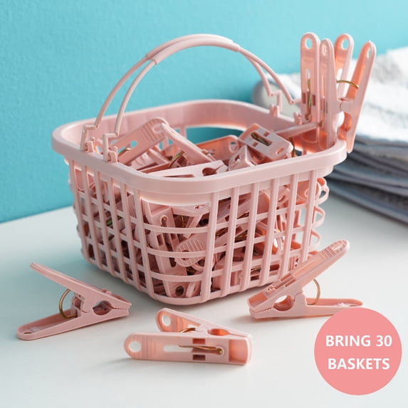 EGYMEN 30PC Windproof Clothespins, 30-Pack Durable Cloth Clips with Storage Basket, Non-Slip Laundry Clips for Drying Clothes, Portable Plastic Clothes Pins for Socks and Underwear(Pink)