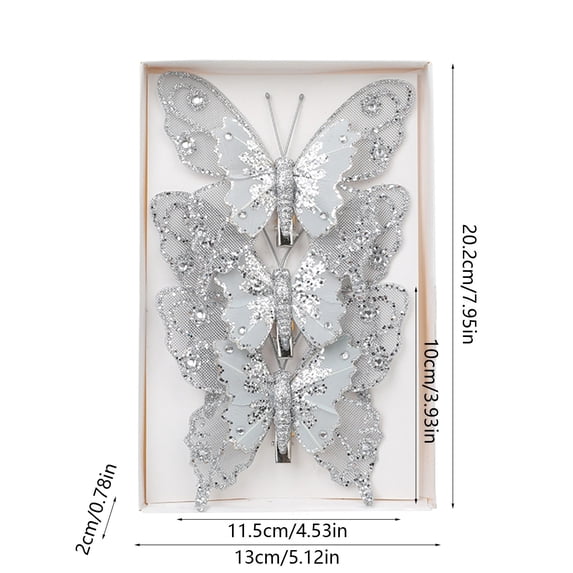 EGYMEN 3PCS Christmas Butterfly Ornaments, Glittering Butterfly Decorations for Tree Hanging, Christmas Scene Butterfly Accents(Silver)