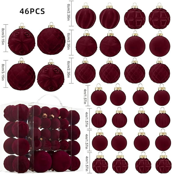 EGYMEN 46PC Velvet Christmas Balls, 46 Pcs Flocked Xmas Ornaments for Tree Decoration, Elegant Hanging Christmas Baubles, Plush Holiday Decorative Orbs for Festive Home Decor(Wine)