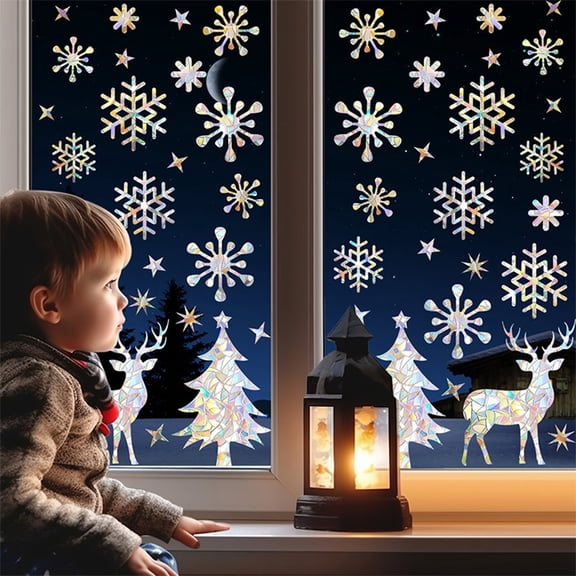 EGYMEN AntiCollision Window Decals - 50 PCS Bird Strike Prevention Stickers, Non-Adhesive Christmas Snowflake Clings for Glass, Reusable and Durable