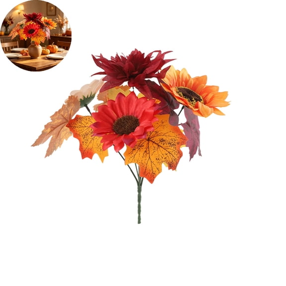 EGYMEN Artificial Bouquet, Fall Sunflowers, Faux Floral Arrangement, Maple Leaves, Multicolor, Thanksgiving Decor (Multicolor)
