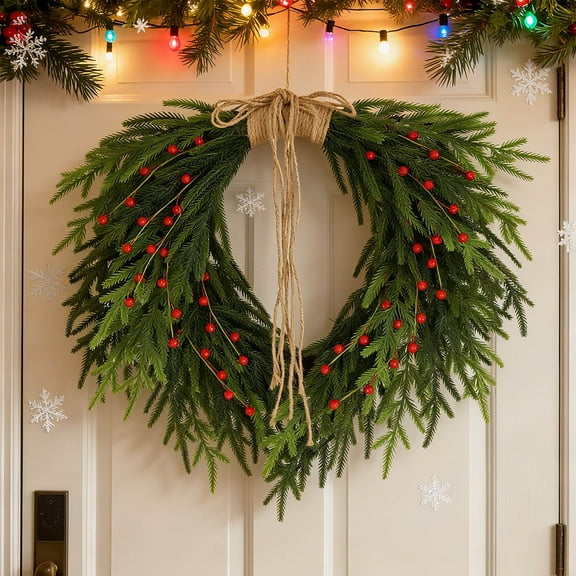 EGYMEN Artificial Poinsettia Decoration, Simulation Green Plant Ornament With Red Berries, Faux Pine Needle Wall Hanging, Christmas Floral Centerpiece For Living Room And Banquet