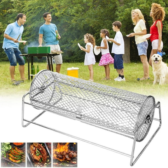 EGYMEN Barbecue Cage, Round Grilling Basket for Outdoor BBQ, Portable Smoker Basket with Rotating Drum, Lightweight Barbecue Net for Easy Cooking