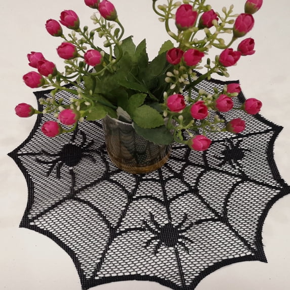 EGYMEN Black Overlay Tabletop Collection Gothic Halloween Decor, Halloween Table Topper Indoor, 12 Inches Round, Halloween Spider Web Decoration(4PCS)