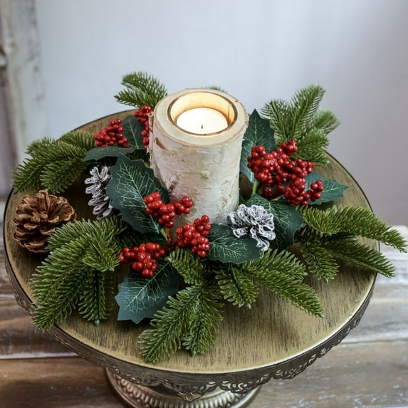 EGYMEN Christmas Candle Wreath with Artificial Leaves, Table Decoration Candle Ring, 11.8 Inches for Holiday Centerpiece Decor