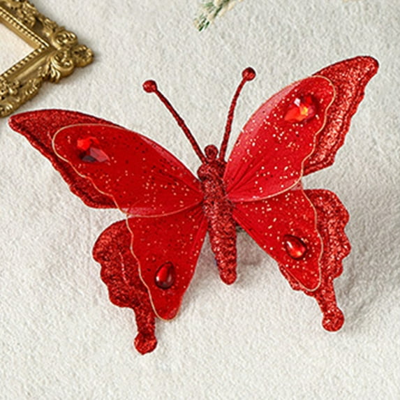 EGYMEN Christmas Decorative Butterflies, Sparkling Butterfly Accessories with Clips, Holiday Butterfly Ornaments for Tree Decoration(Red)