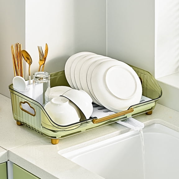 EGYMEN Dish Drying Rack, Kitchen Dish Rack with Drainboard, Utensil Organizer Drying Rack, Space-Saving Dish Shelf for Countertop(Green)