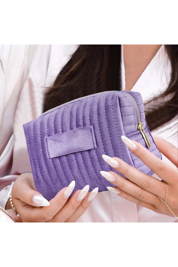Embroidered Striped Velvet Cosmetic Bag, Stylish Portable Makeup Organizer with Waterproof Material, High-Quality Soft Cosmetic Storage Pouch for Daily Use and Travel(Purple)