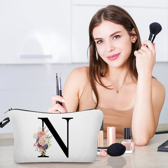 EGYMEN Flower Letter Cosmetic Pouch, Personalized Alphabet Initial Makeup Case, Floral Makeup Bag with Custom Letters, Stylish Travel Cosmetic Organizer